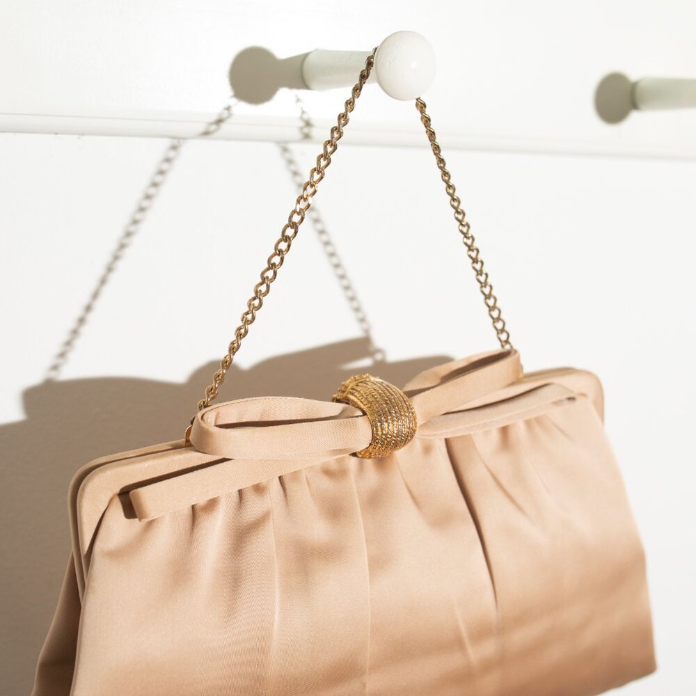 Gold Satin Bow Evening Bag with Chain - Picture 2 of 5
